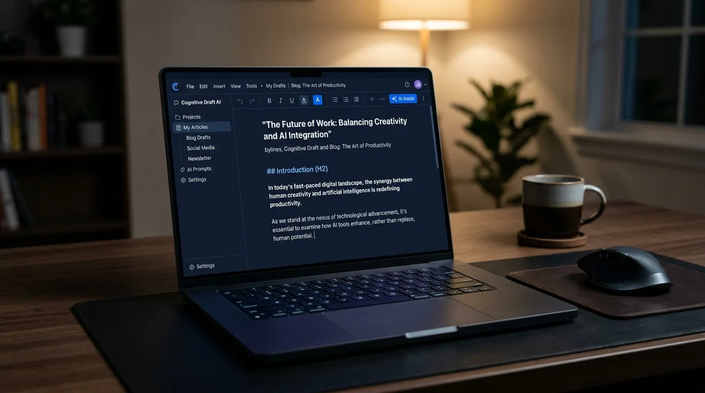 Laptop showing an AI content writing interface on a dark desk, representing the best AI content writing tools in 2025.