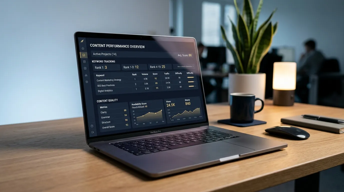 Laptop showing an AI content writing dashboard with SEO metrics, representing the best AI content writer tools tested.