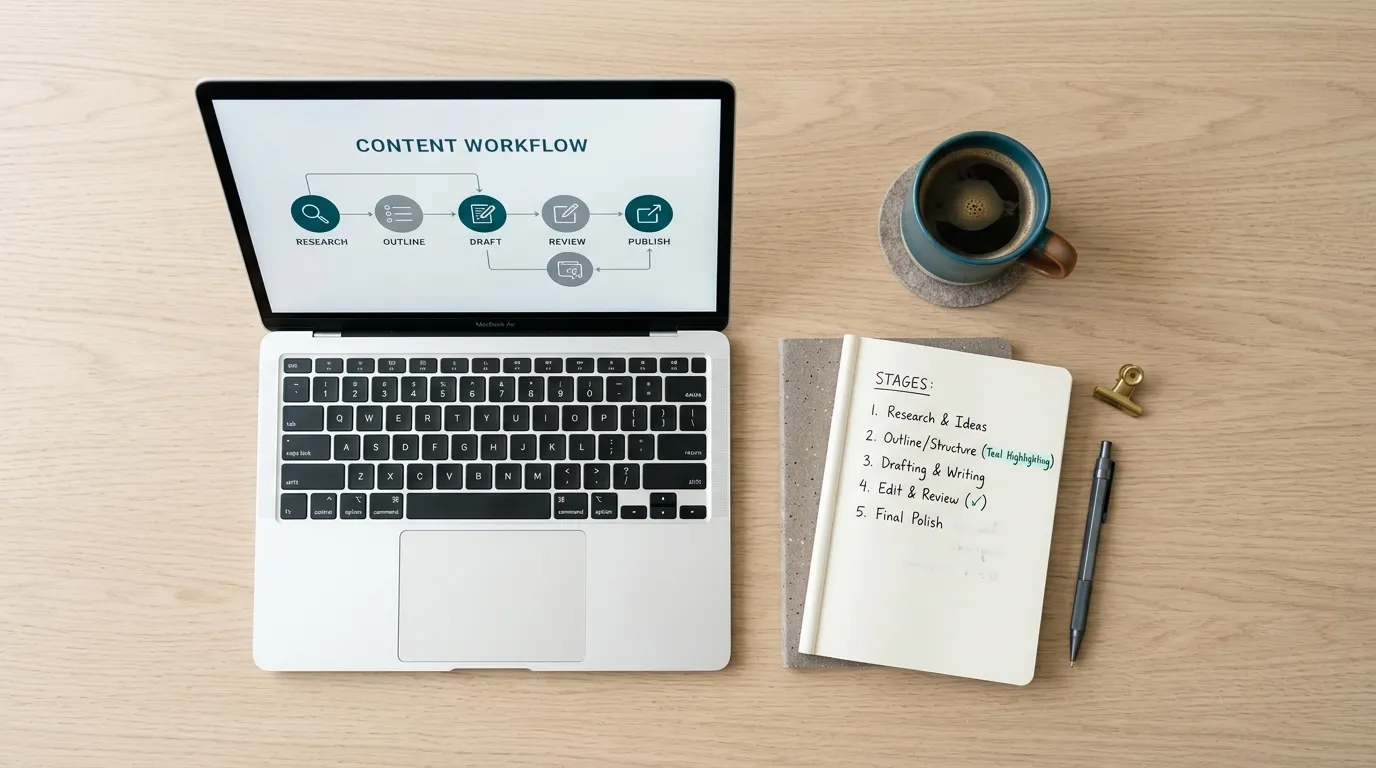 Overhead flatlay of a laptop, notebook, and coffee mug representing an AI-driven content creation workflow on a clean desk.