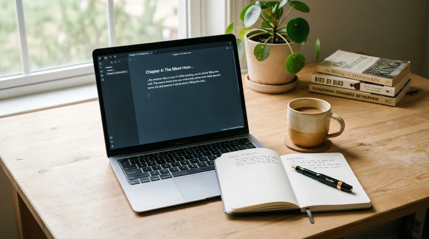 Minimal writer's desk with laptop, notebook, and coffee mug — content writer tools setup.