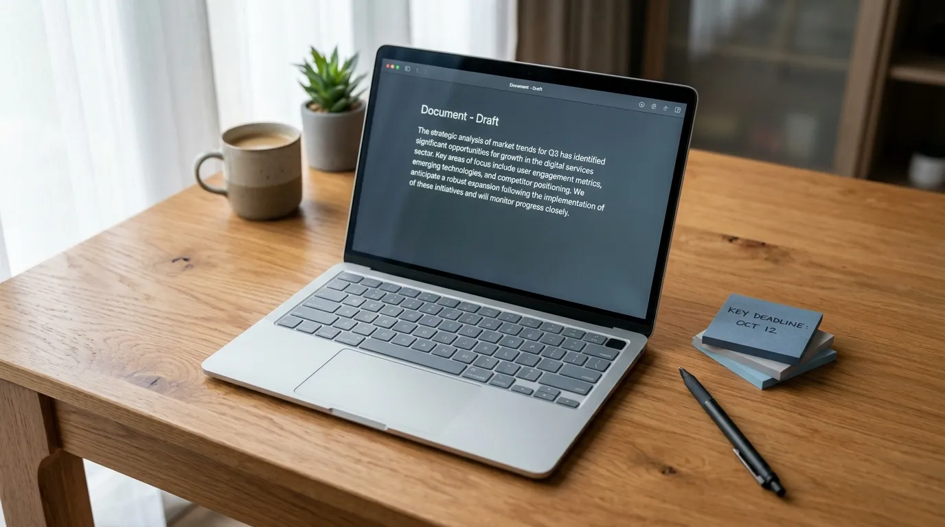 Laptop showing a text document on a clean desk — representing AI content writer tool selection.