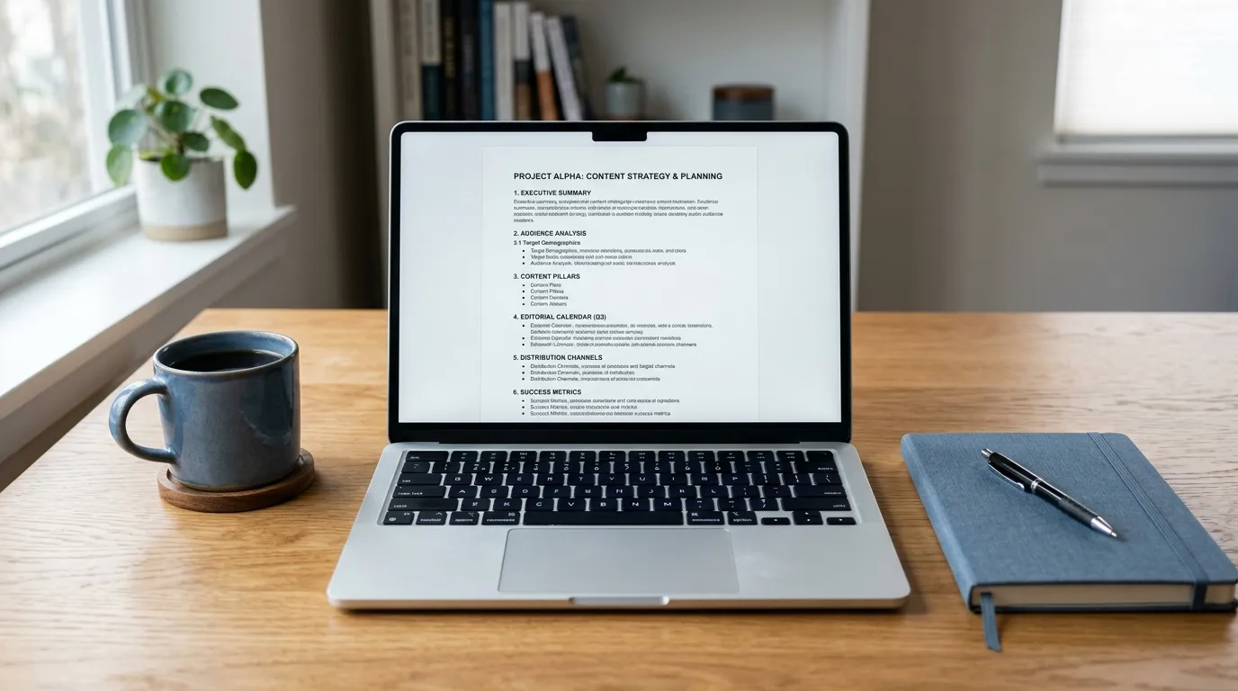 Laptop showing a structured blog draft on a clean desk, representing AI content writer tools for SEO blogging.