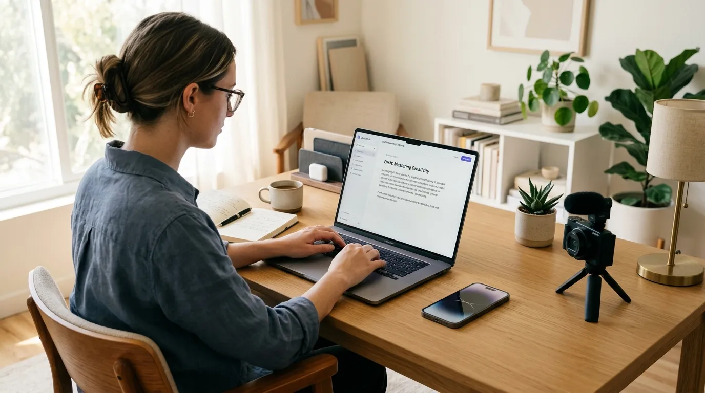 Content creator working at a minimal desk with laptop, notebook, and camera — exploring AI tools for content creation.