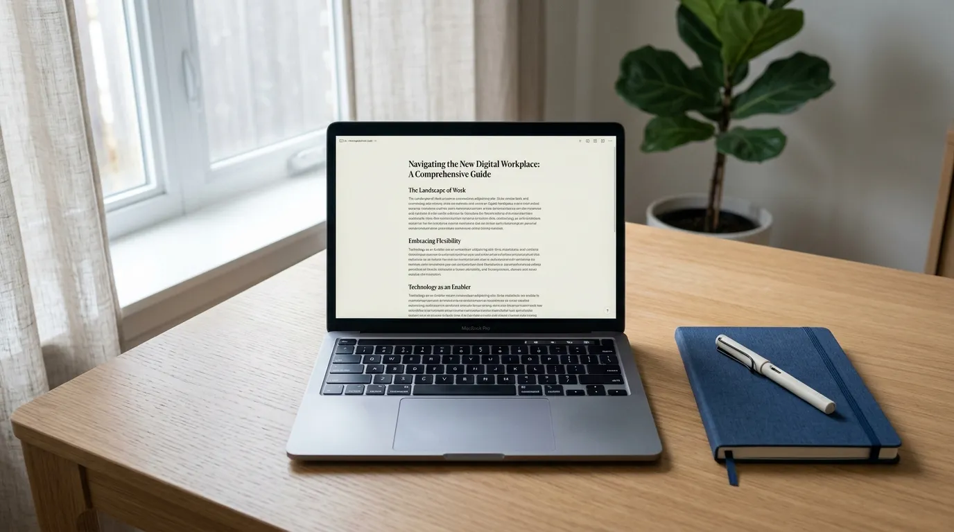 Laptop showing a long-form article draft on a clean desk with notepad, representing AI tools for article writing.