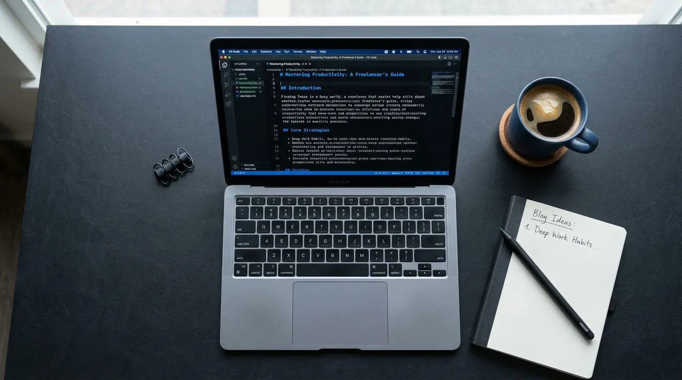 Laptop showing a blog draft in a text editor, flat-lay on dark surface, representing AI tools for content writing.
