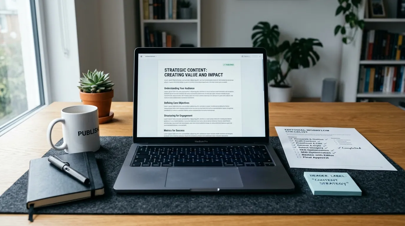 Laptop showing a polished article draft on a clean desk with an editorial checklist, representing a managed AI content writin