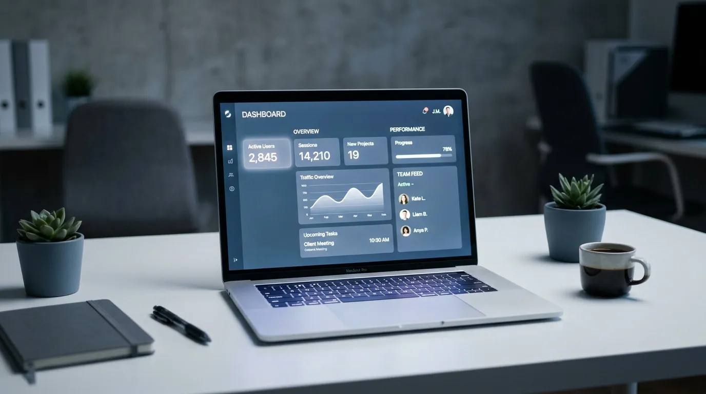 Laptop displaying an AI content writing dashboard on a clean white desk, lit by soft screen glow.