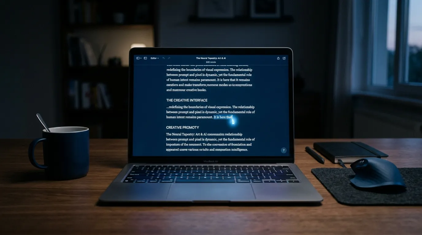 Laptop displaying an AI-assisted content draft on screen in a dark focused workspace, representing AI-powered content writing