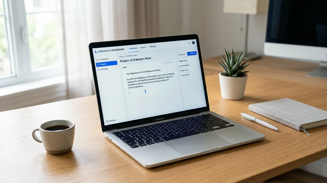 Laptop showing an AI-powered content generation tool dashboard on a clean modern desk.