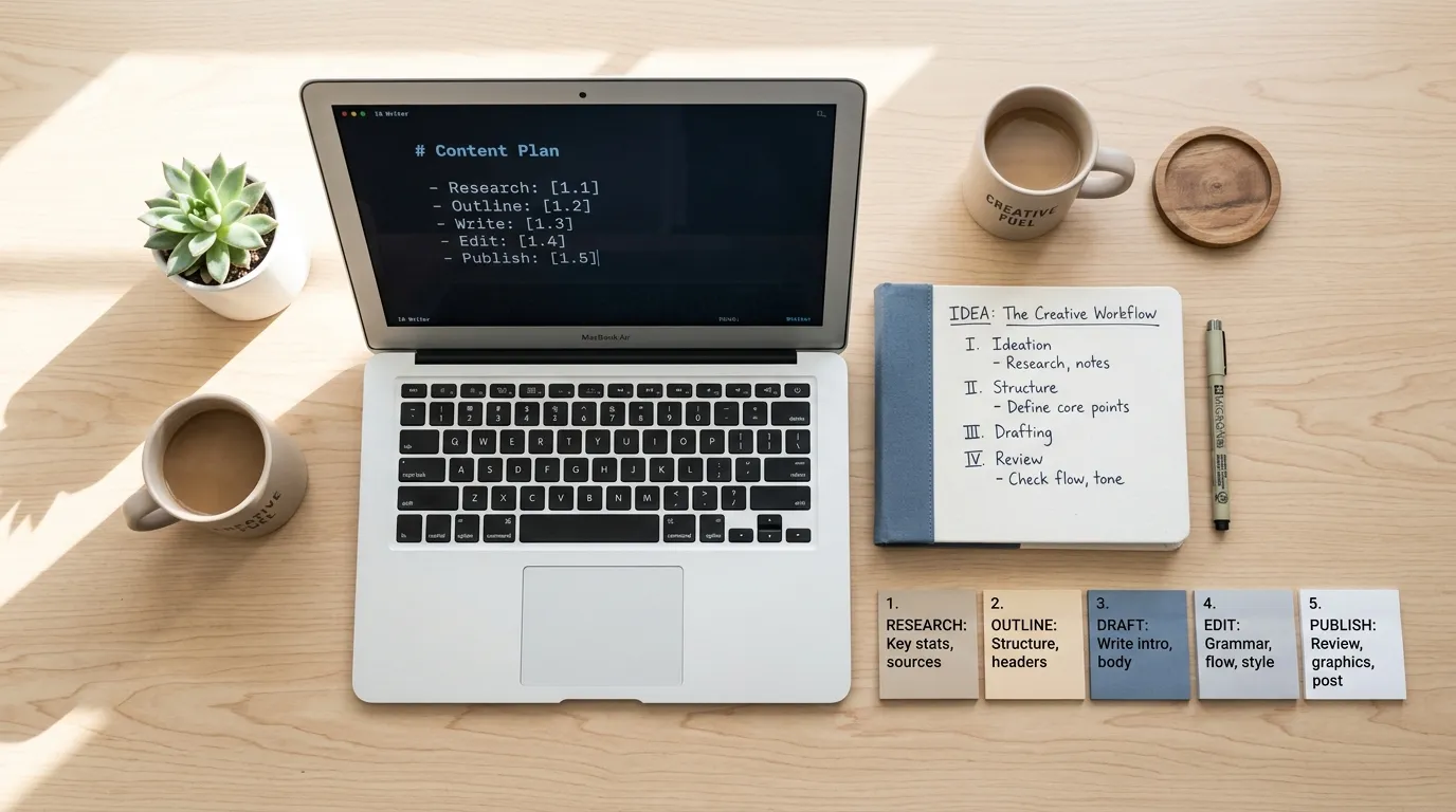 Overhead flat-lay of a laptop, notebook outline, and sticky notes arranged as a content writing workflow on a desk.