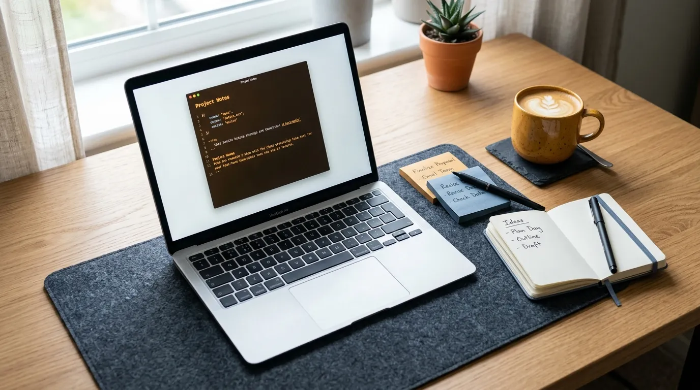 Laptop and notebook on a desk representing AI-powered content creation tools comparison for writers and marketers.
