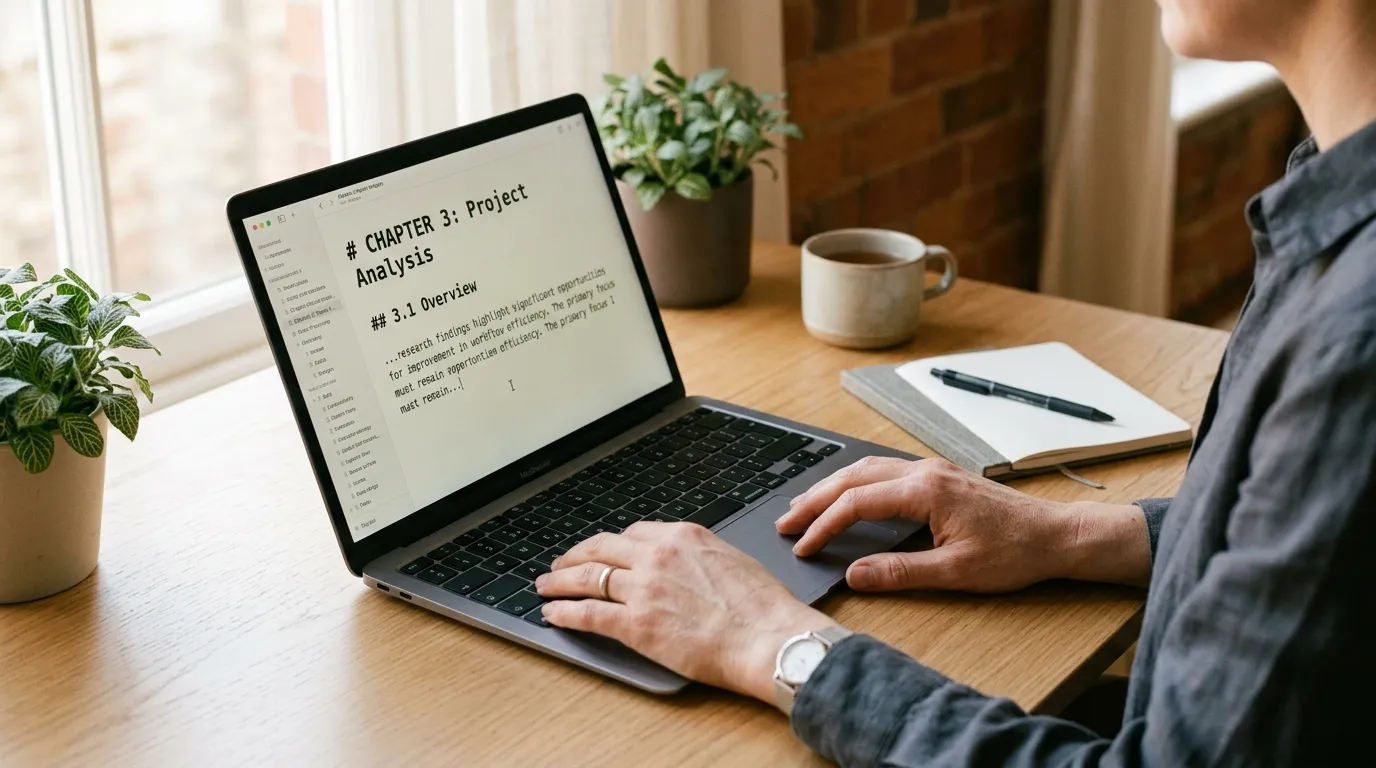 Hands at a laptop writing a structured AI-assisted content draft at a clean, softly lit desk.