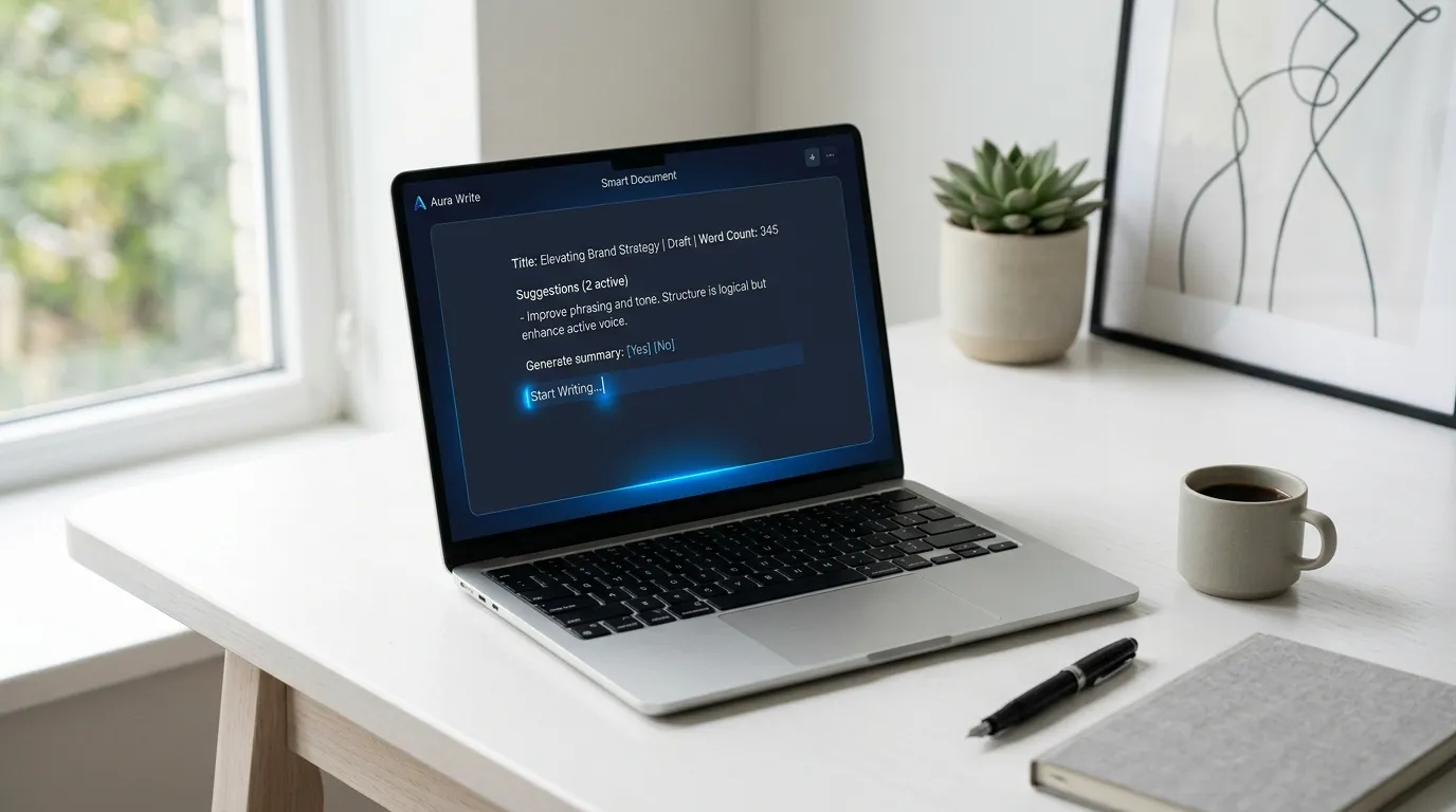 Laptop showing an AI content writing interface on a clean white desk, soft natural light, professional modern setting.