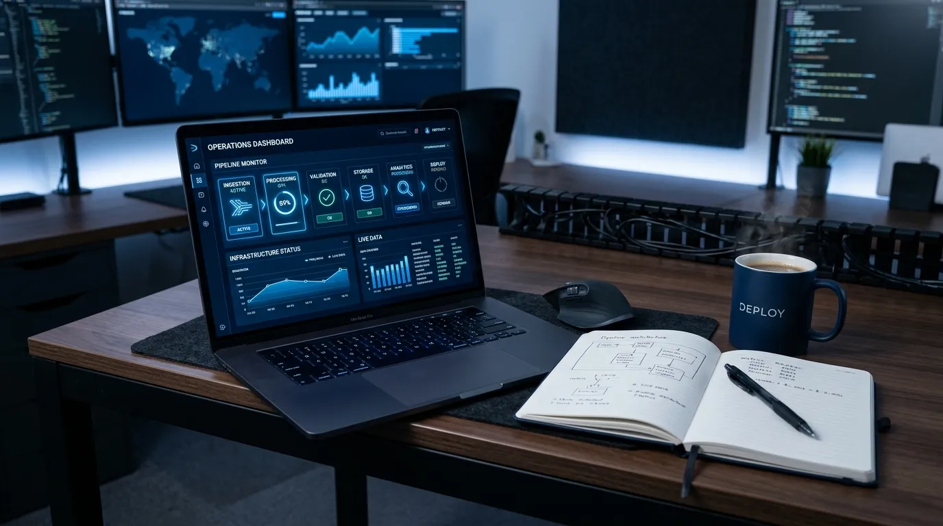 Laptop showing an AI-powered content platform dashboard on a clean desk, conveying a full SEO content pipeline.