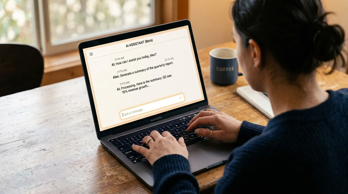 Professional using an AI content creation tool on a laptop, representing artificial intelligence for content creation workflo