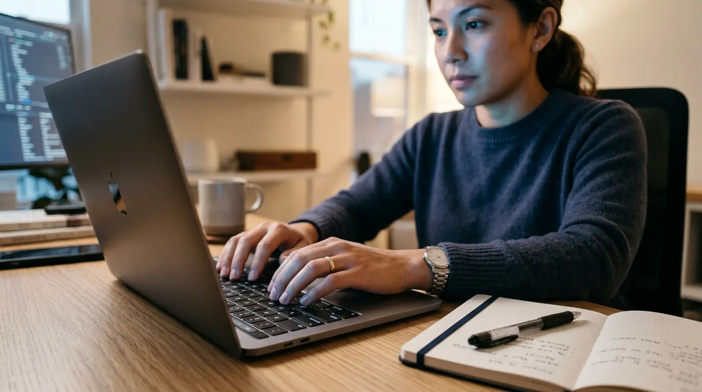 Person typing on a laptop at a modern desk, representing choosing the right AI content writing tool for your workflow.