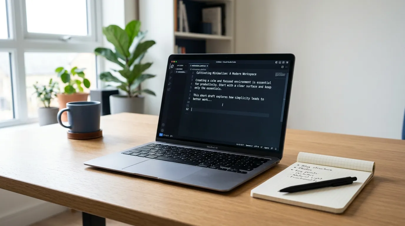Laptop displaying an AI content writing draft on a minimal desk, representing AI writing tool comparison.