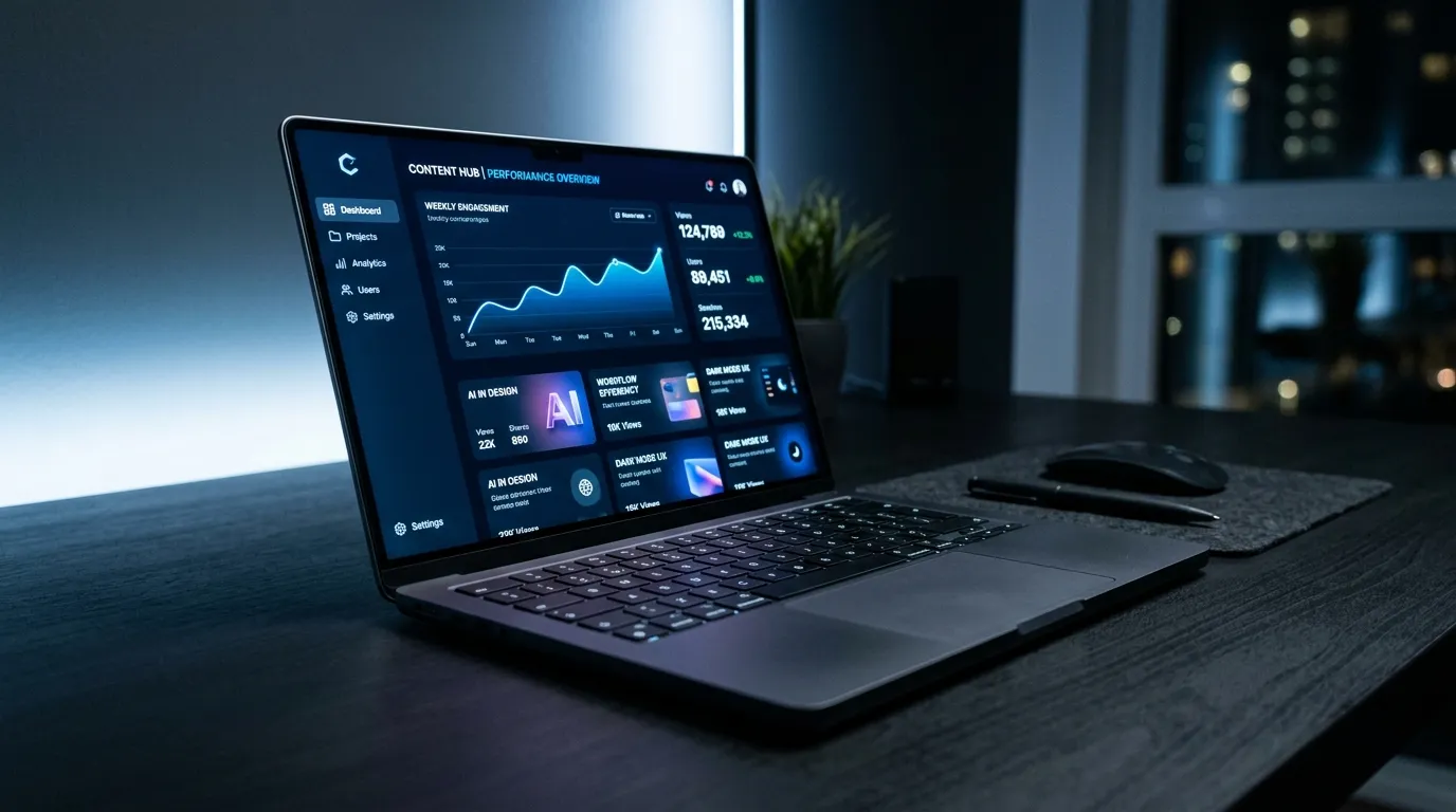 Laptop showing an AI content dashboard on a dark desk, representing choosing the right AI tool for content generation.