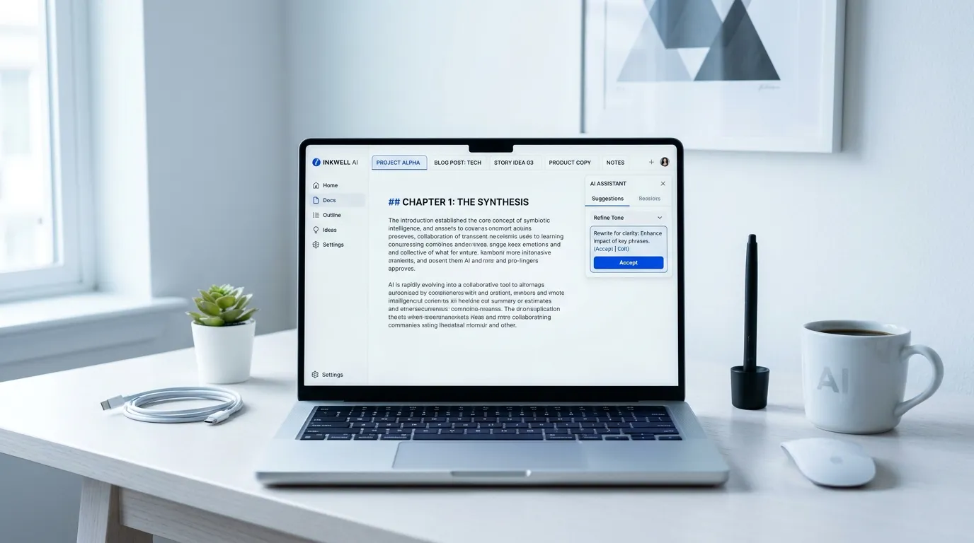 Laptop showing an AI content writing interface on a clean desk, representing AI content writer tools.