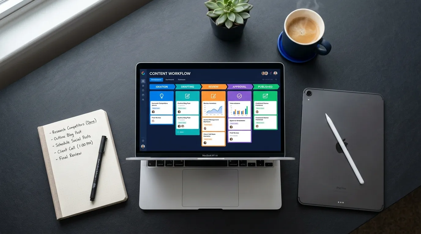 Laptop showing a content workflow dashboard alongside a notebook and tablet on a dark desk, representing an AI content creati
