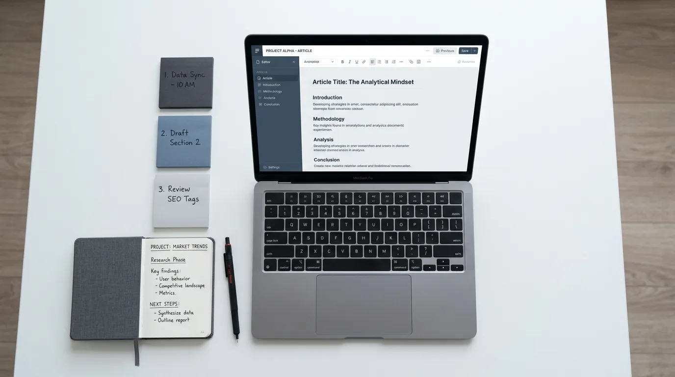 Laptop with content editor open on a clean desk, representing AI content writing tool comparison.