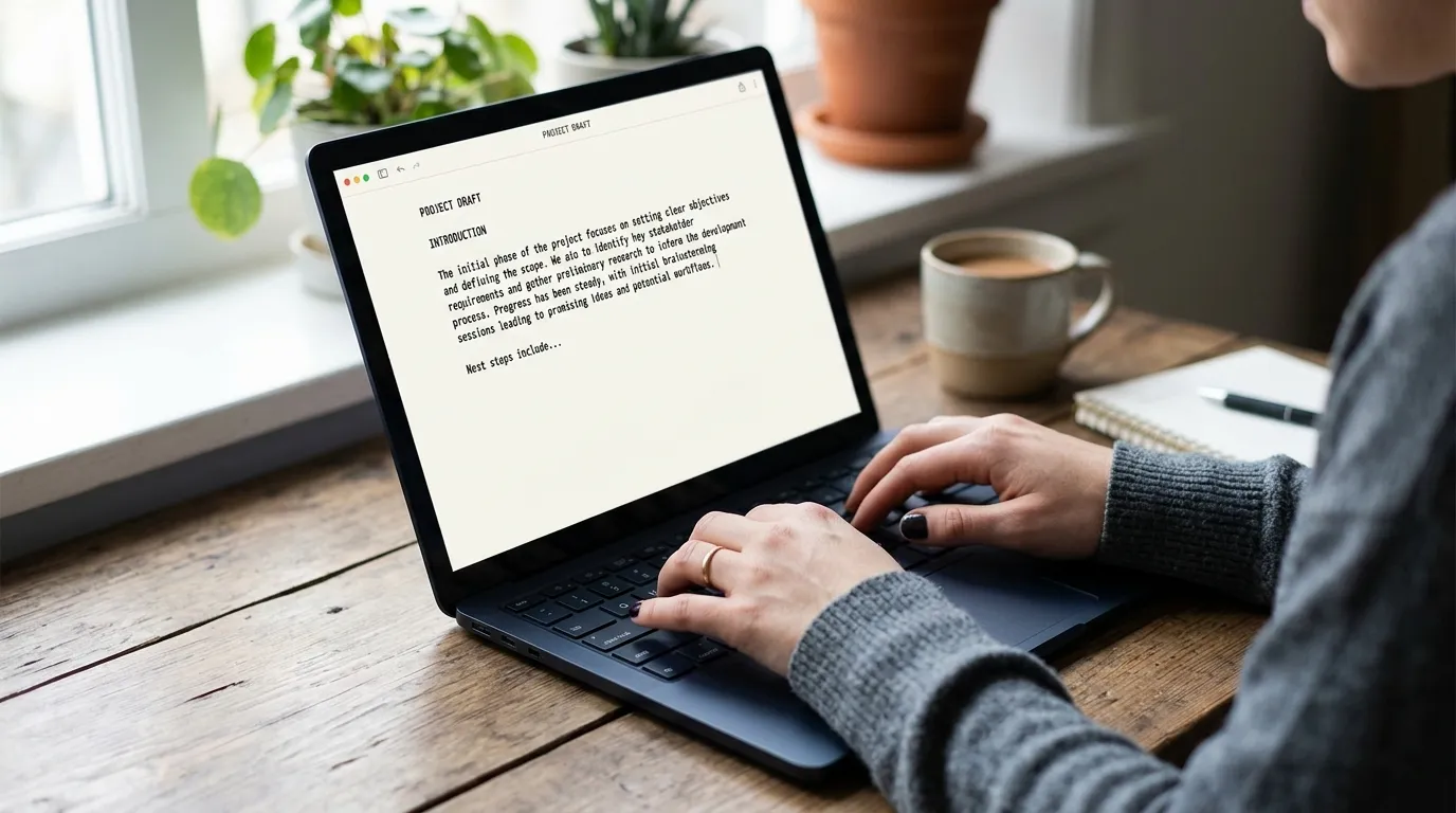 Hands typing a content draft on a laptop, representing an AI-assisted content creation workflow.
