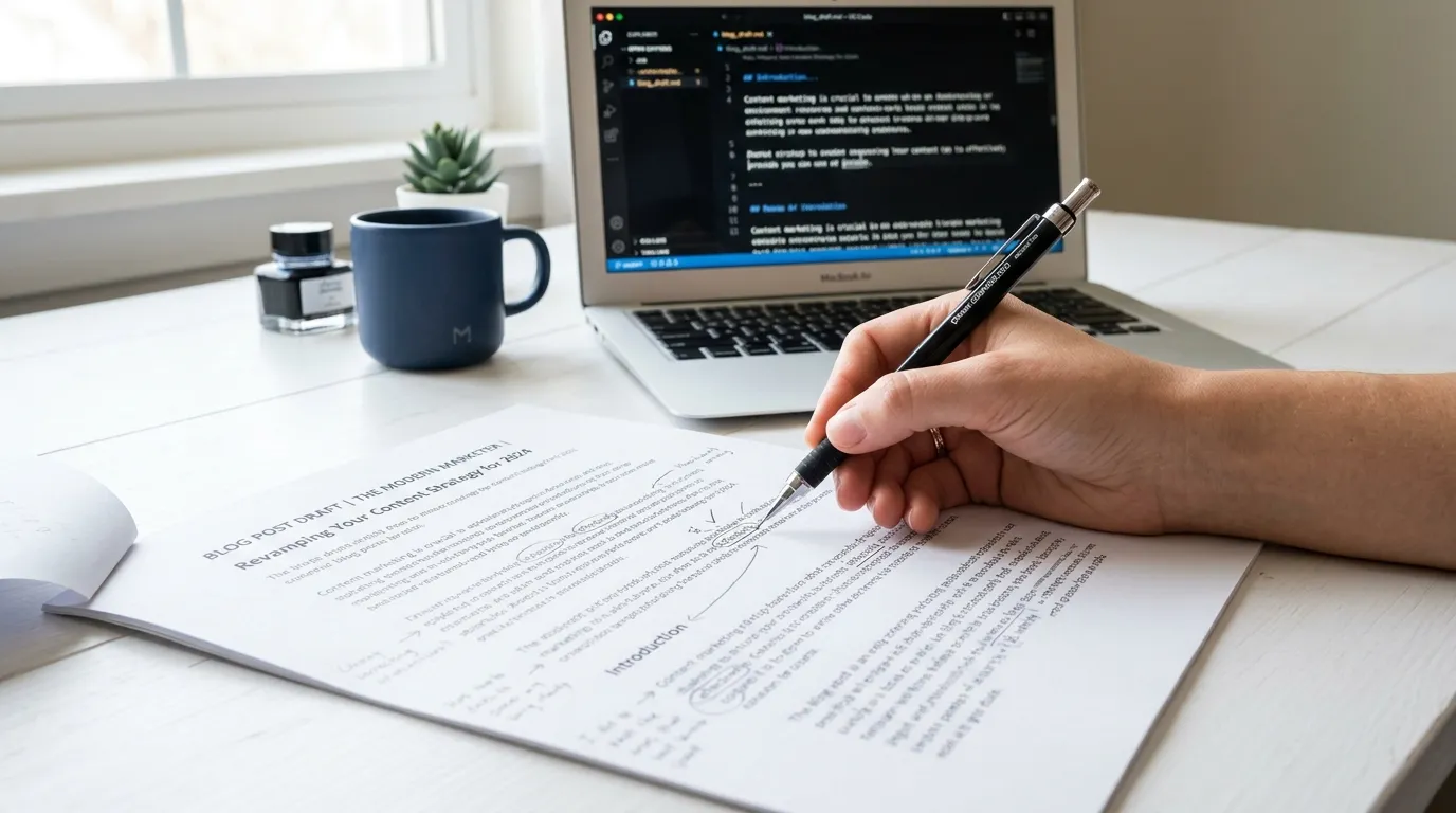 Hand editing a printed AI content writing draft at a white desk with a laptop in the background.