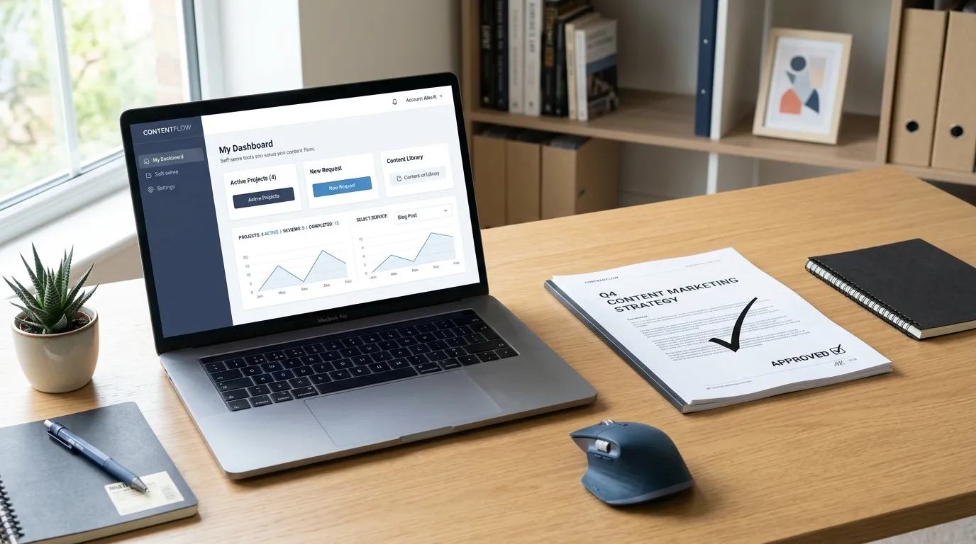 Laptop with AI writing tool interface beside a finished, reviewed content document on a clean desk — AI content writing servi