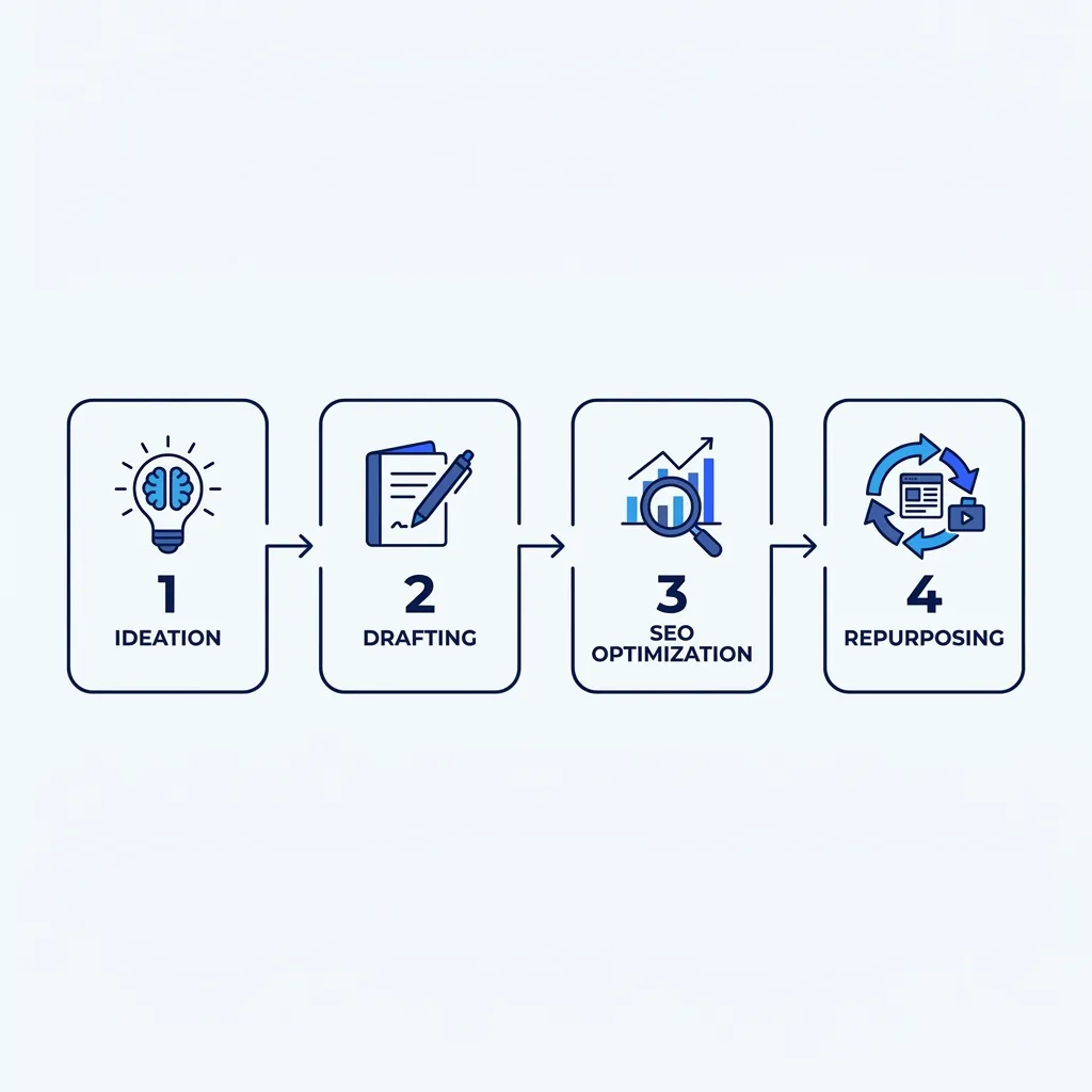 Four-stage AI content workflow infographic: Ideation, Drafting, SEO Optimization, and Repurposing shown as connected steps.