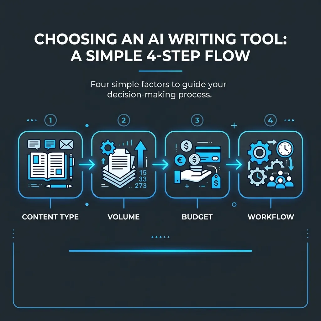 Minimalist infographic showing four factors for choosing an AI writing tool: content type, volume, budget, and workflow.