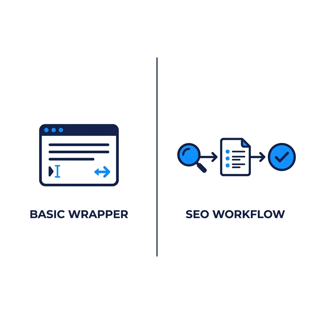 Infographic comparing a basic AI writing wrapper tool versus a full SEO content pipeline workflow.