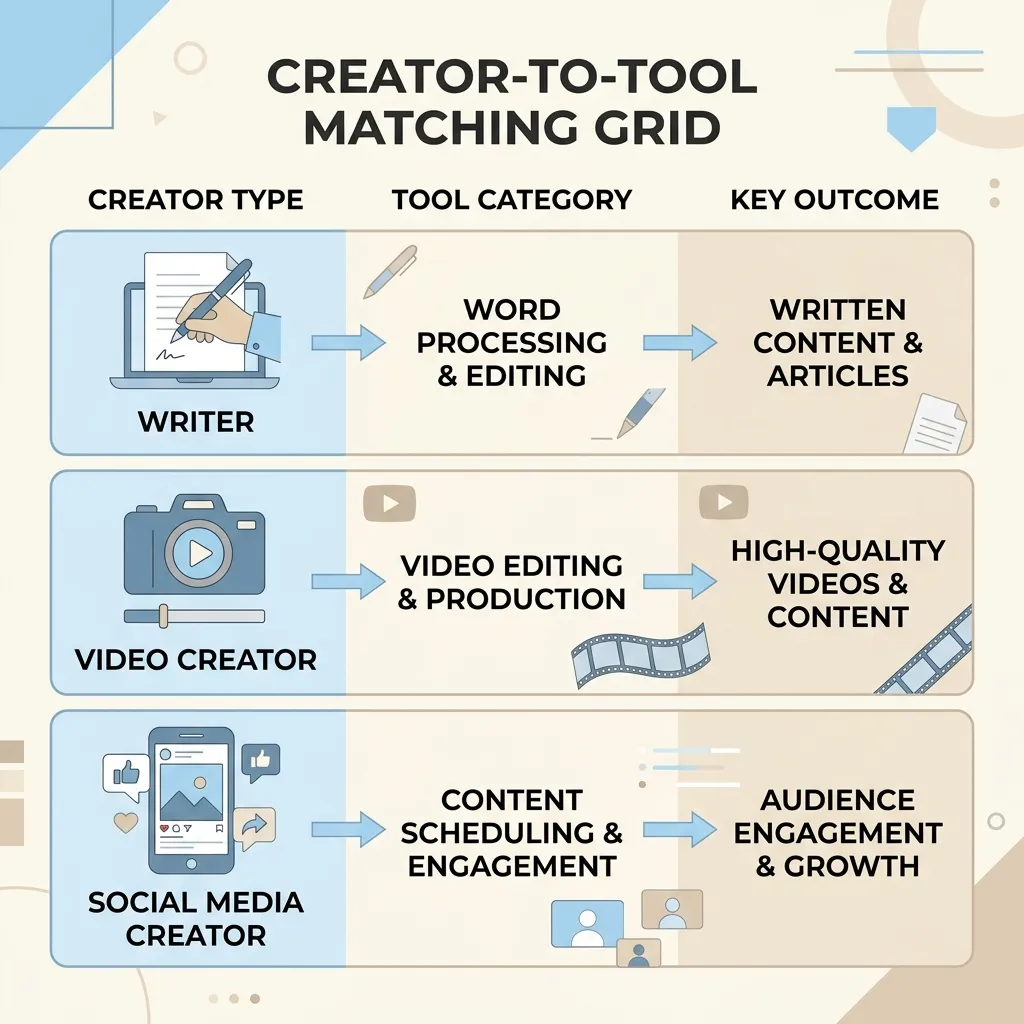 Infographic matching three content creator types to their recommended AI tool categories.