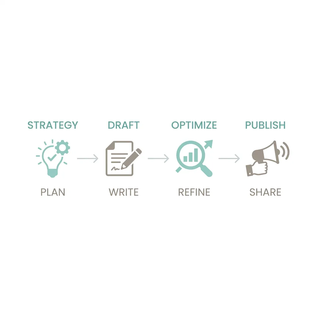 Minimalist four-stage content workflow infographic: Strategy, Draft, Optimize, Publish with connecting arrows.