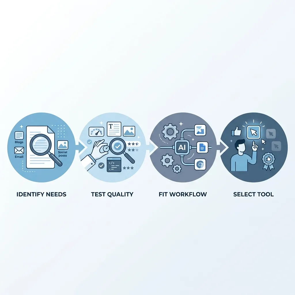 Four-step infographic illustrating how to evaluate and choose an AI content tool for your workflow.