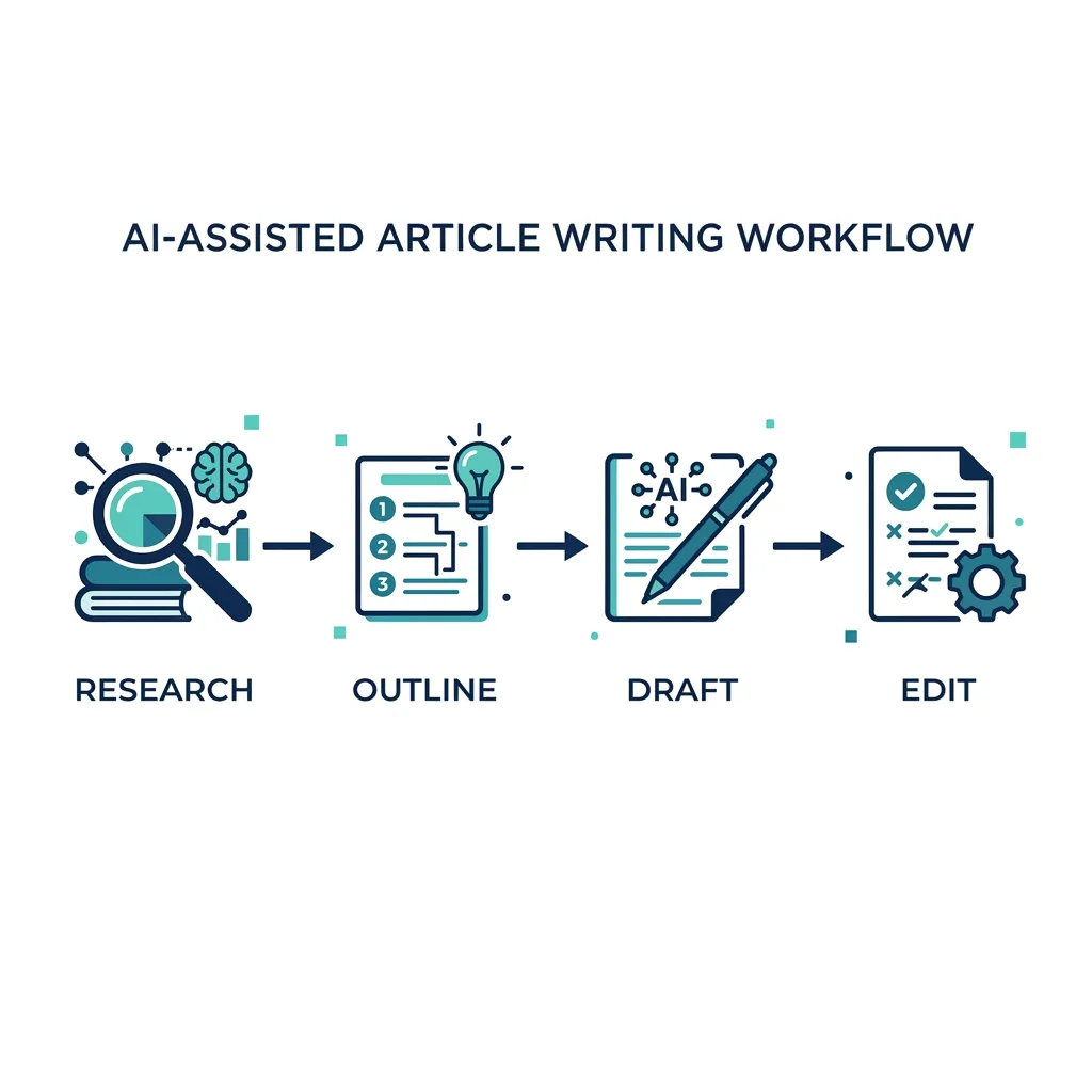 Four-step infographic showing the AI article writing workflow: research, outline, draft, and edit.