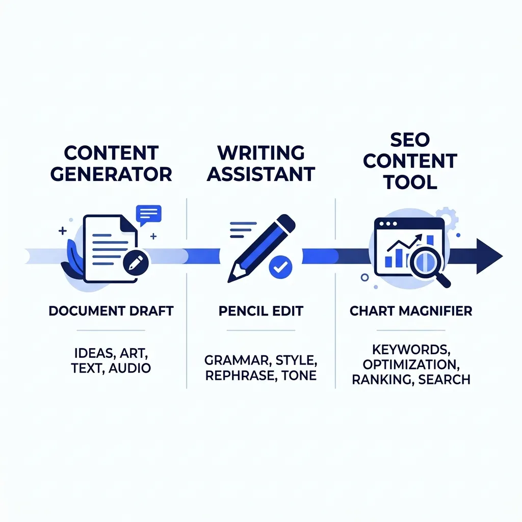 Infographic comparing three AI writing tool categories: content generator, writing assistant, and SEO content tool.