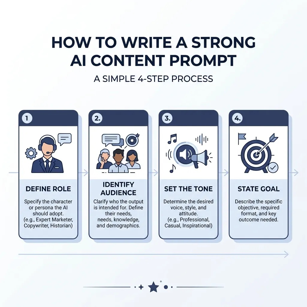 Four-step infographic showing the key components of a strong AI content writing prompt.