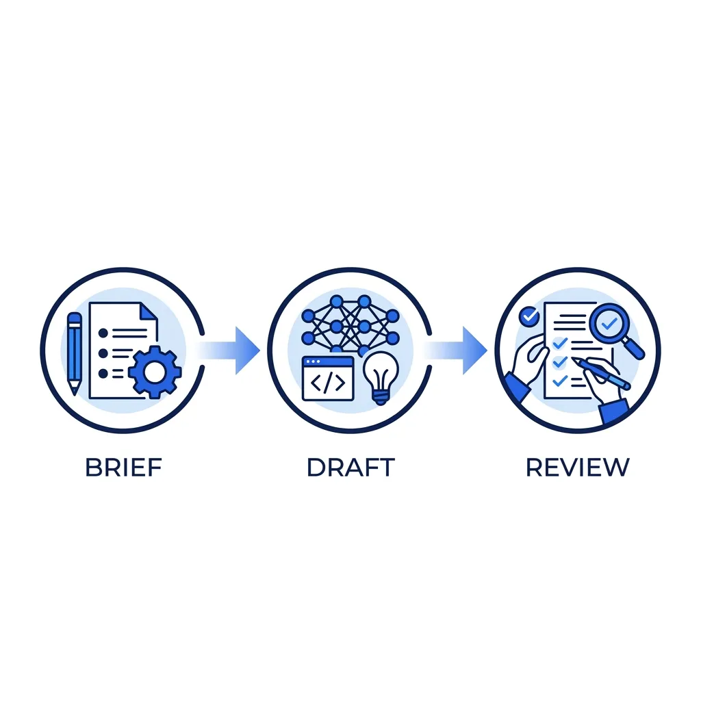 Three-step infographic showing the AI content writing workflow: prompt, generate draft, then human review and edit.
