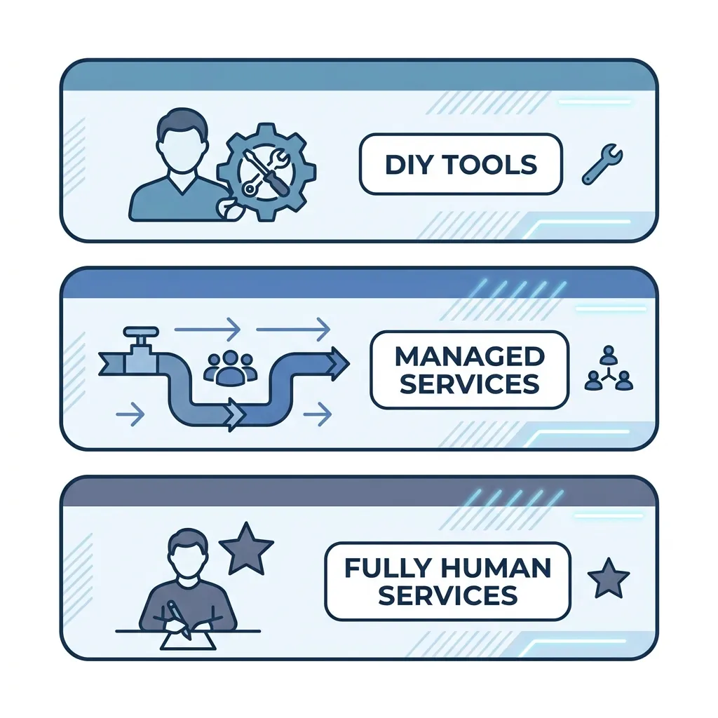 Minimalist infographic comparing three AI content writing service models: DIY tools, managed services, and fully human servic