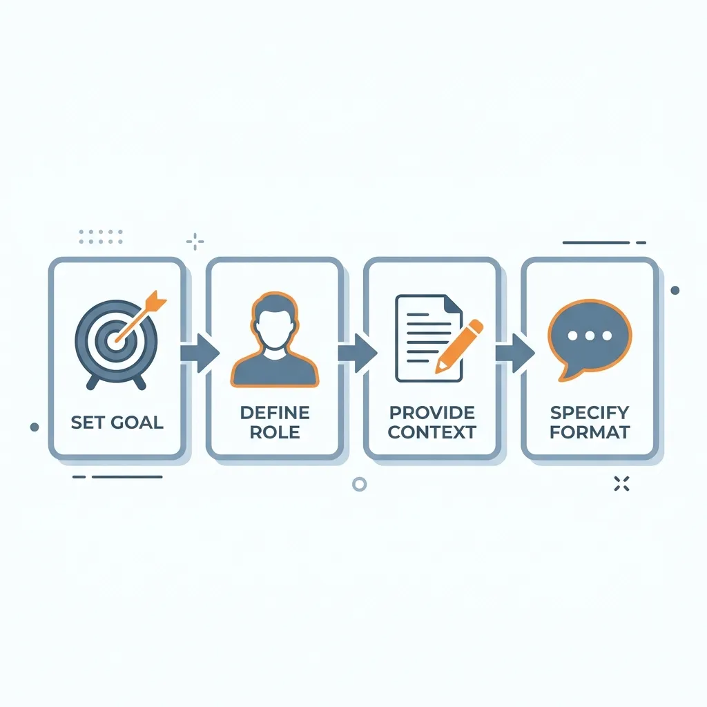 Minimalist infographic showing a 4-step AI prompting framework with icons and connecting arrows.