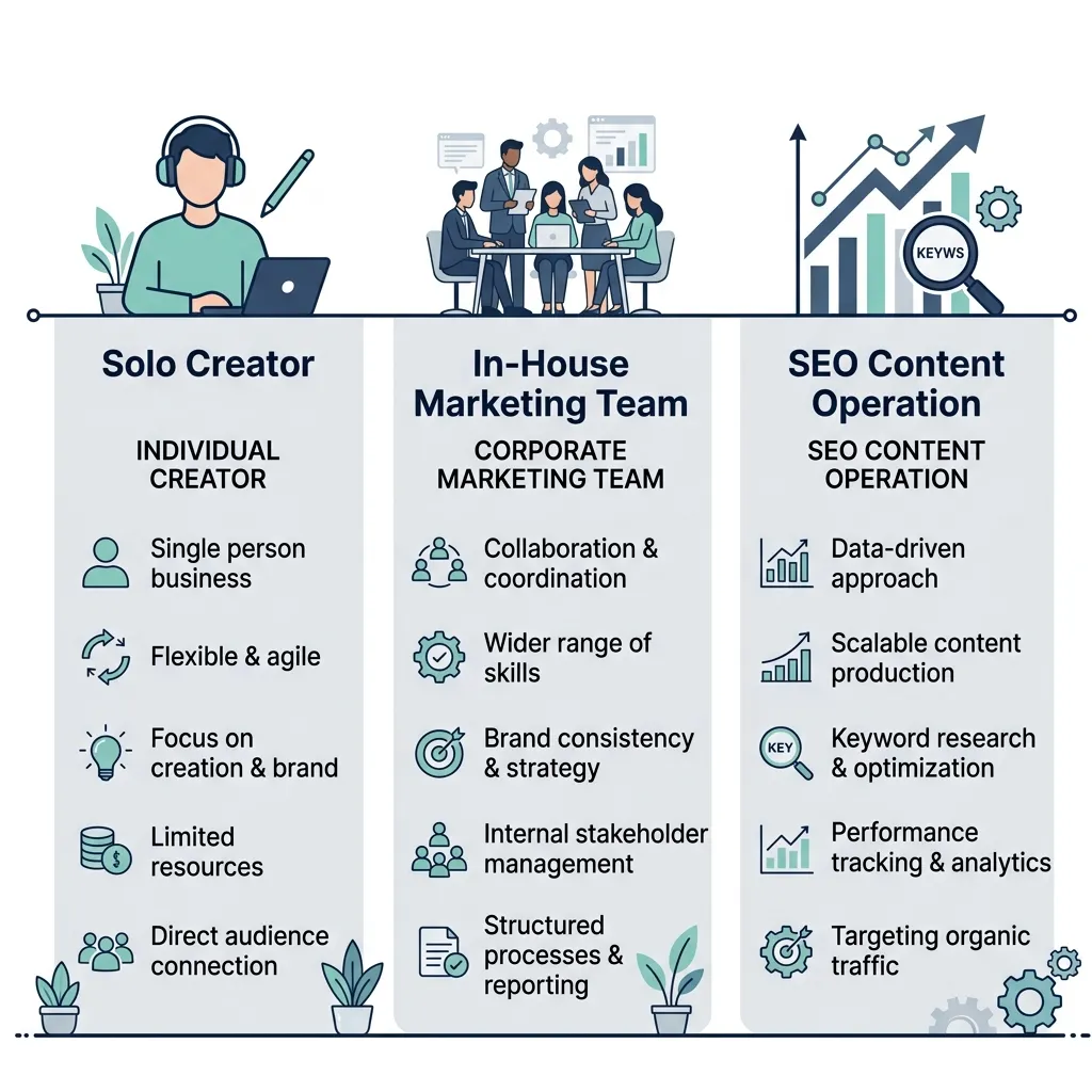 Infographic showing three user profiles for choosing AI content tools: solo creator, marketing team, and SEO operation.