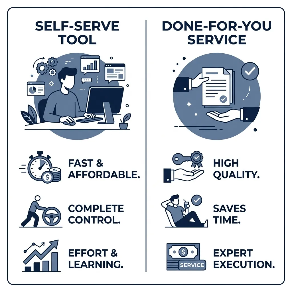 Side-by-side infographic comparing AI writing tools (self-serve) vs AI content writing services (done-for-you).