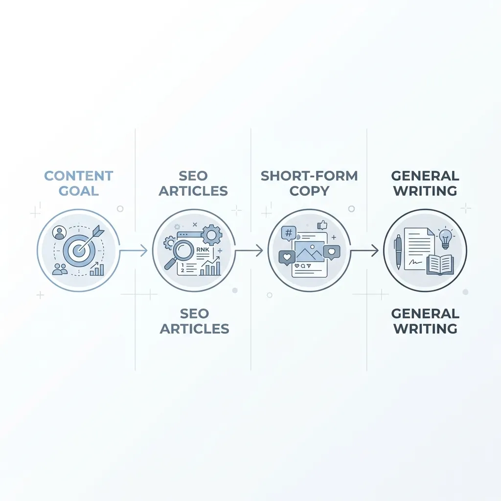 Infographic showing a simple decision flow for choosing the right AI content writer tool category.