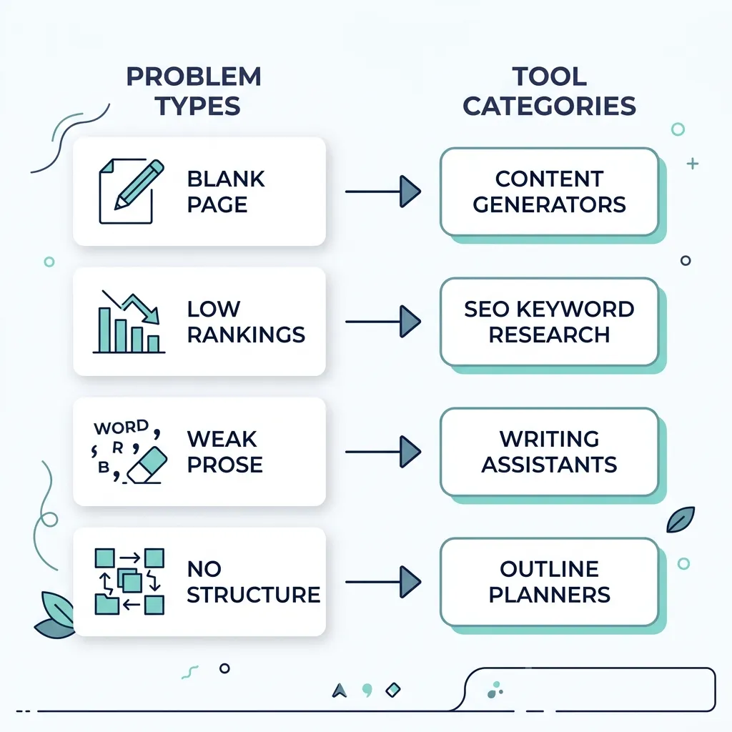 Decision matrix matching four writing problems to the correct content writer tool category.