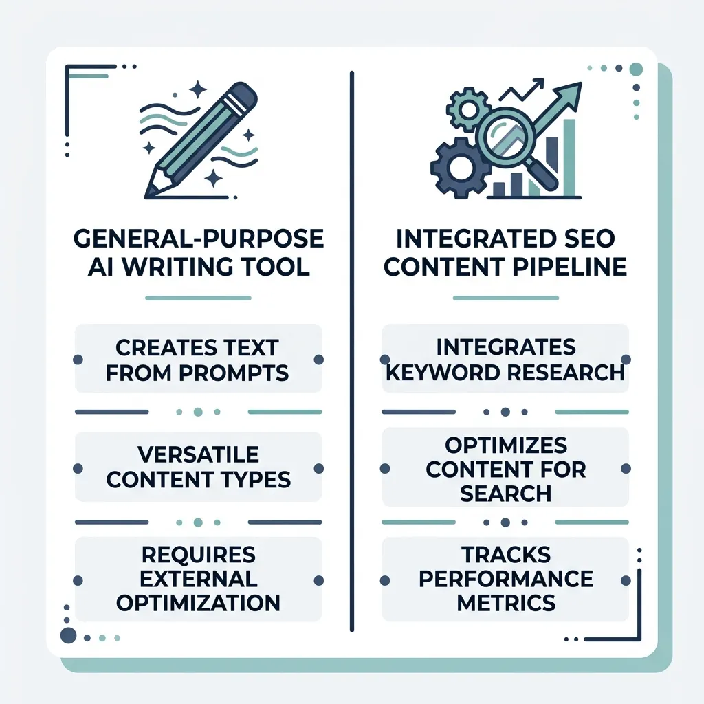 Simple comparison infographic showing general AI writing tools versus an integrated SEO content pipeline.