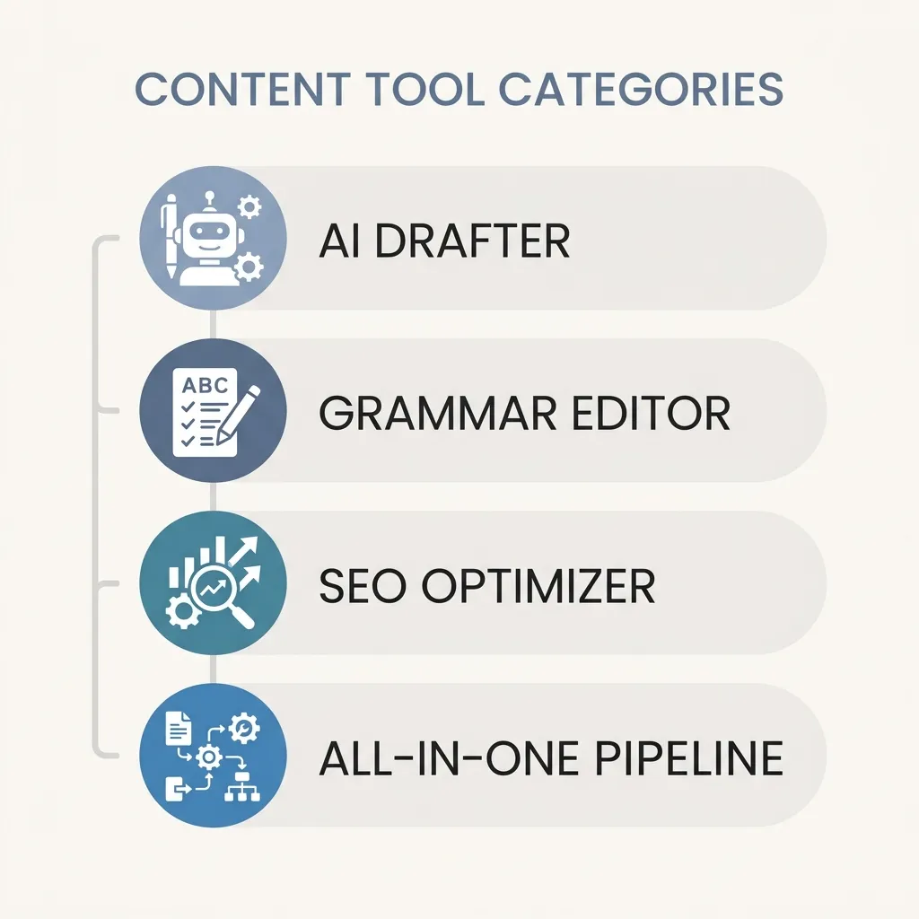 Infographic showing four content writing tool categories: AI drafter, grammar editor, SEO optimizer, and all-in-one pipeline.