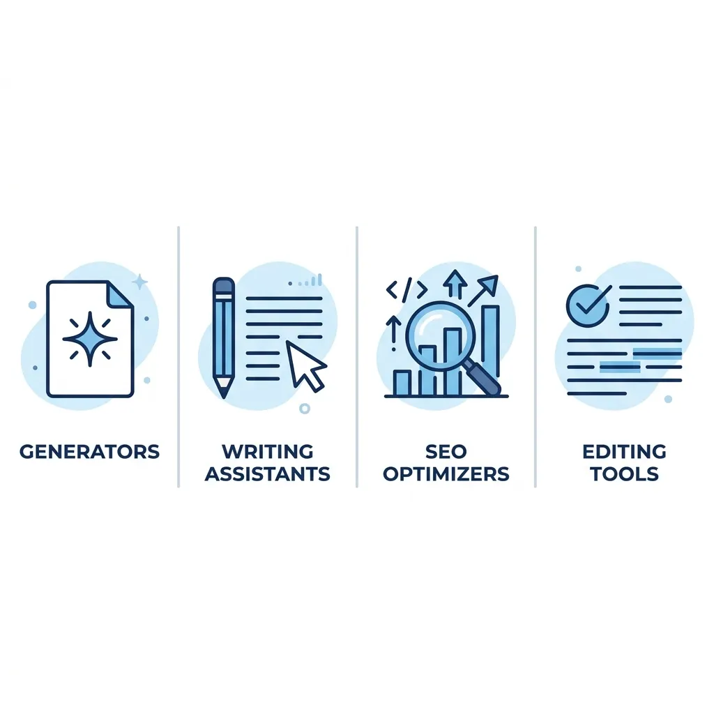 Infographic showing the four categories of AI content writing tools: generators, writing assistants, SEO optimizers, and edit