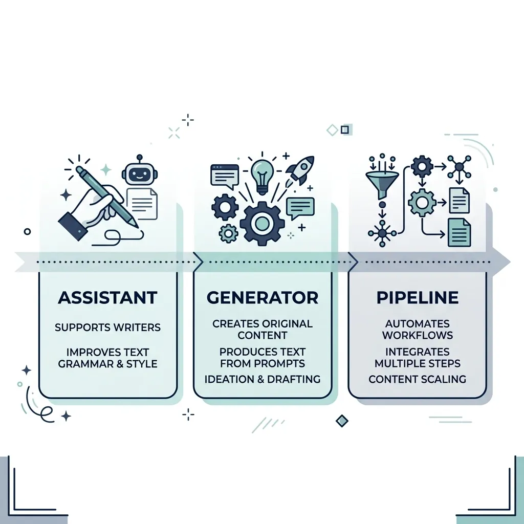 Infographic comparing three categories of AI content writers: writing assistant, content generator, and content pipeline.