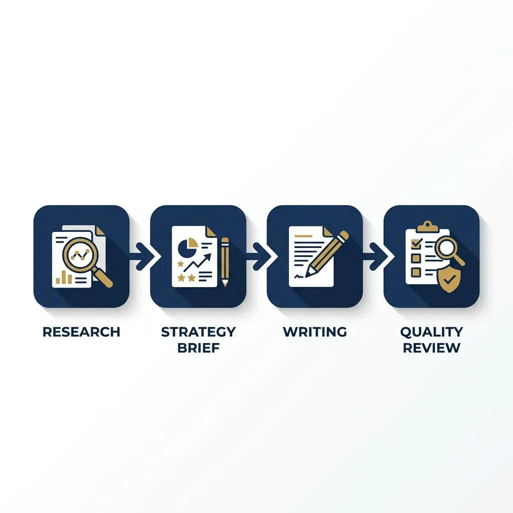 Infographic showing a 4-step SEO content pipeline: research, brief, writing, and QA review.