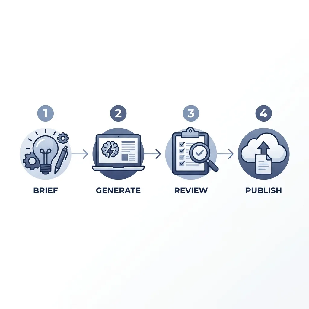 Four-step AI content workflow infographic: brief, generate, review, and publish.